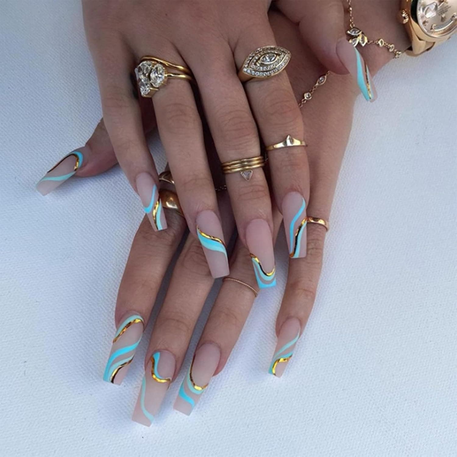 maicodes Coffin Press on Nails 24Pcs French Tip Press on Nails Pink Light Blue with Gold Rim Long Glossy Luxury Ballet Fake Nails with Patterned Design Suitable for Women Nail Art Decoration