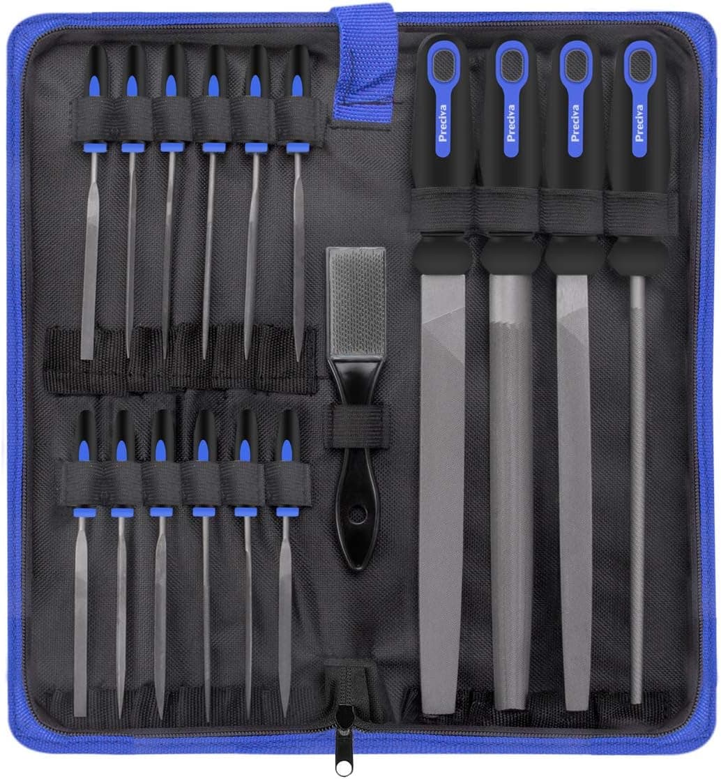 Preciva 18PCS File Set, 18 in1 High Carbon Steel Multipurpose File Set Includes 4PCS Flat/Triangle/Half-Round/Round Large File & 12PCS Needle File & Brush & Portable Bag.
