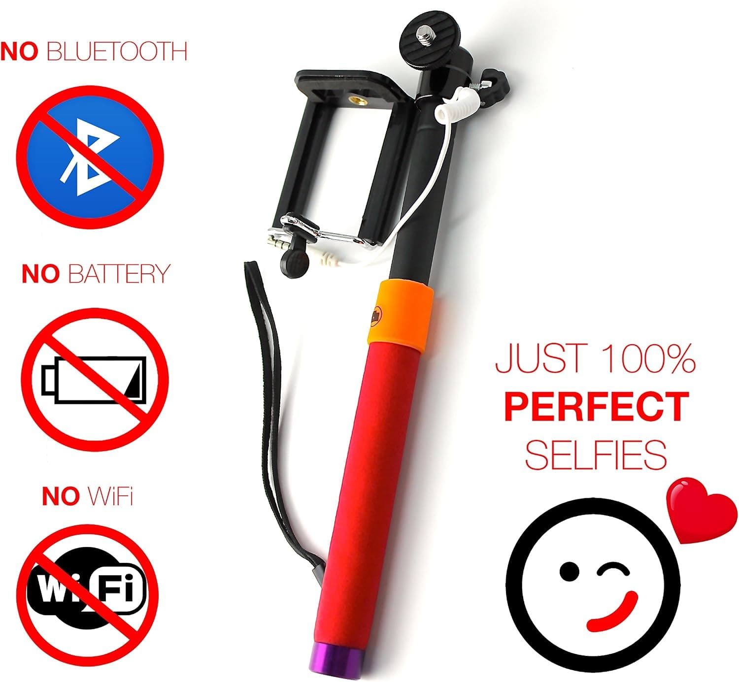 Selfie Stick with Wired, Battery Free, Bluetooth Free Shutter. Best Lightweight Monopod with Cell Phone Clip Holder. For Apple IOS, Samsung & Android. Extendable Selfy Pole with Cable, Non Slip Foam Handle and Safety Wrist Strap. #1 Perfect Gadget for Your Smartphone & Great Gift Inspiration For Him Or Her Under $20.