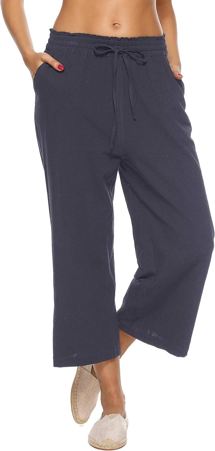 LNX Womens Linen Pants High Waisted Wide Leg Drawstring Casual Loose Trousers with Pockets