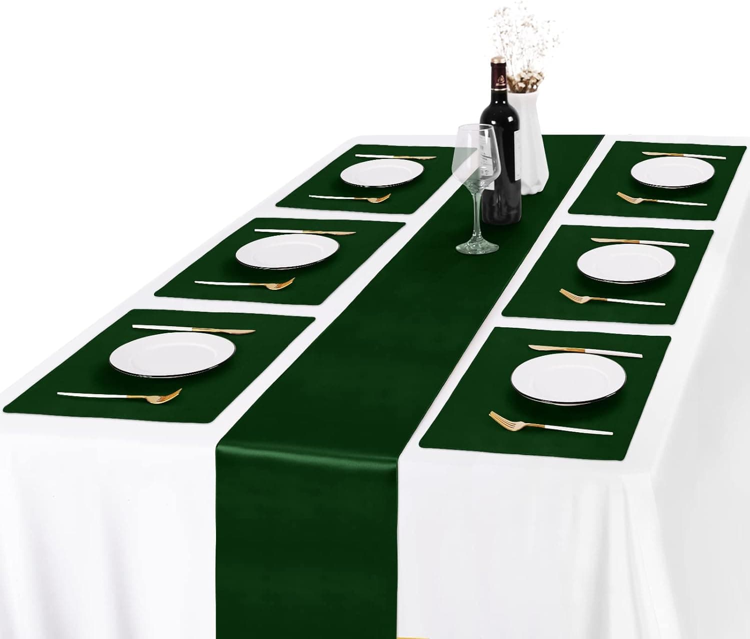MCEAST 8 Pieces Satin Placemats Double Layer Placemats Bright Silk Table Placemats Smooth Fabric Table Mats for Wedding, Banquet Party Decoration, Dark Green, 19 X 14 Inches