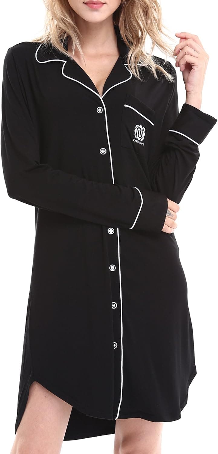 N NORA TWIPS Women's Nightgown Long Sleeve Sleepwear Knit Nightgown Soft Button Sleep Dress