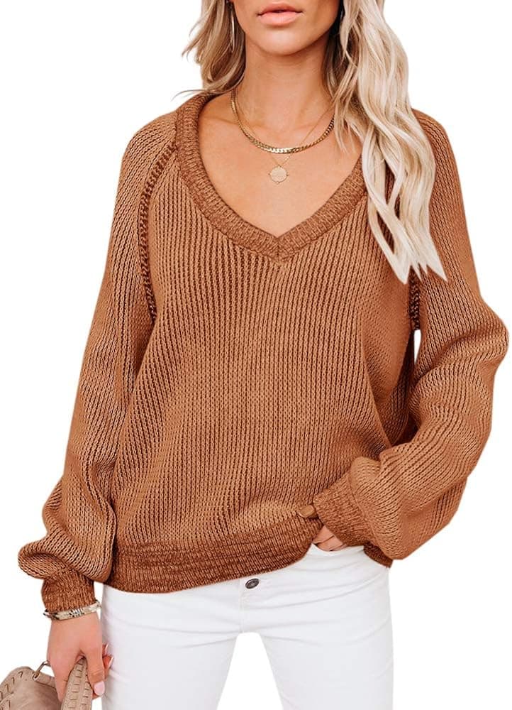 Haloumoning Womens V Neck Long Sleeve Sweaters Oversized Casual Chunky Knits Lightweight Pullover Sweaters Outwear