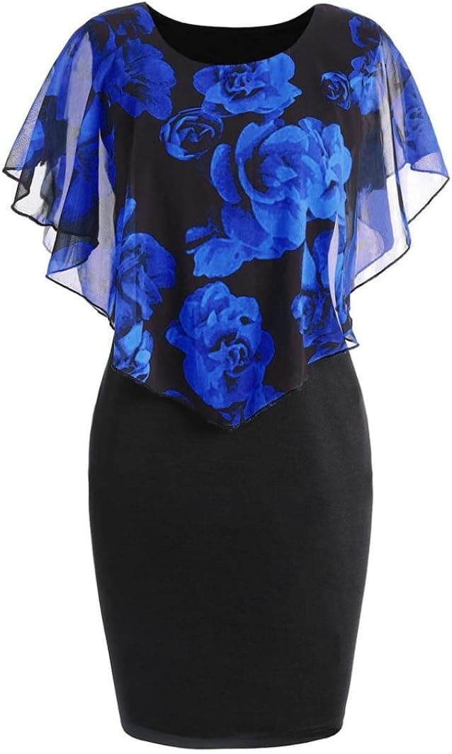 Nmch Plus Size Dress Fashion Womens Casual Ruffles O-Neck Rose Print Chiffon Bodycon Mini Dress, Blue