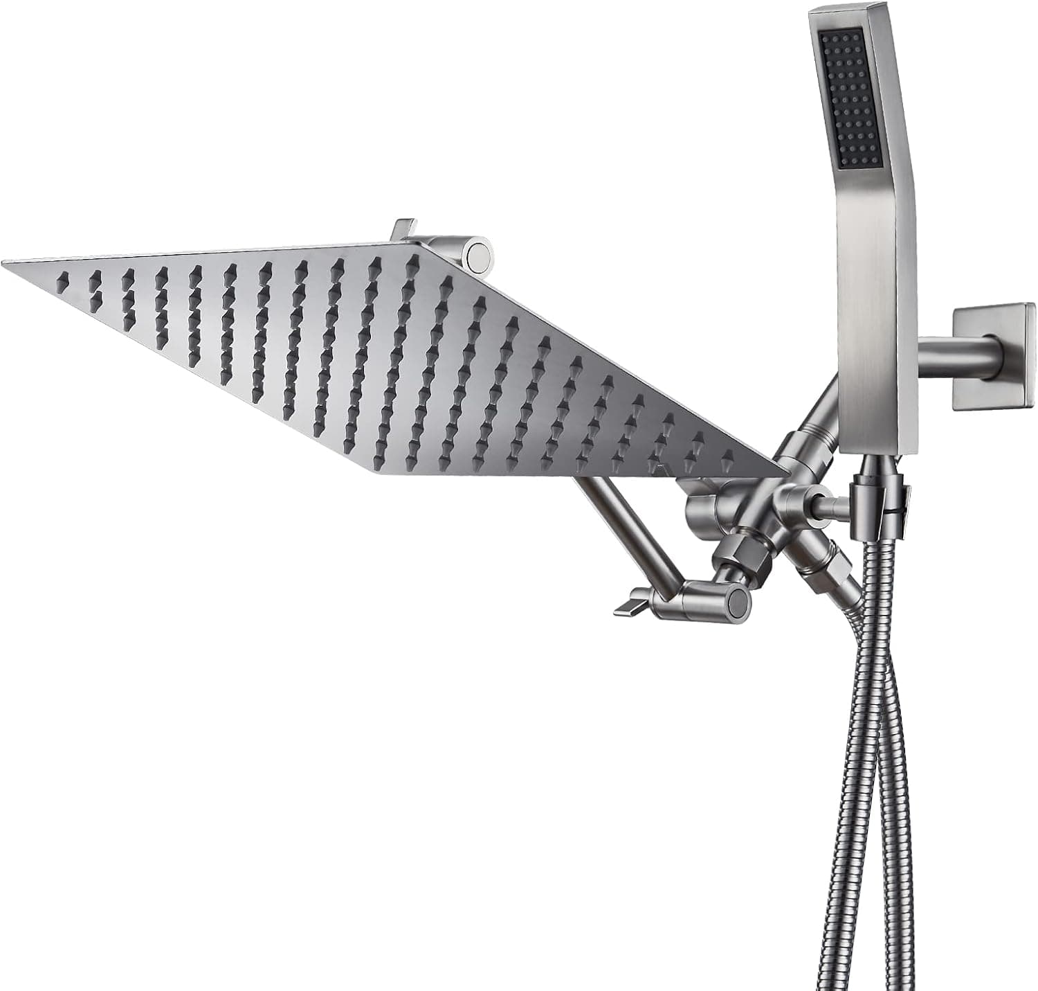 Psylc 10 Inch All Metal Rain Shower Head With Handheld, High Pressure Dual Shower Head Combo With Adjustable Extension Arm, 70" Flexible Hose, 3-Way Diverter - Height/Angle Adjustable(Brushed Nickel)