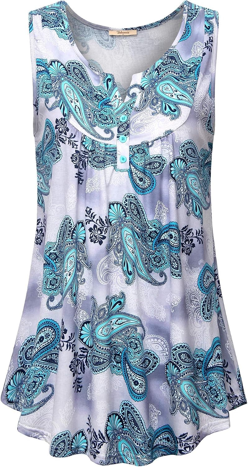 Bebonnie Sleeveless Shirts for Women, Ladies Scoop Neck Floral Print A Line Loose Knit Flowy Tank Tops Casual Fashion Paisley Print Peasant Polo for Workout Comfy Green Grey X-Large