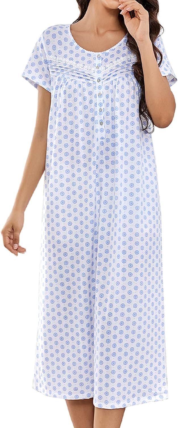 IZZY + TOBY Cotton Nightgowns for Women Long Lightweight Short Sleeves Ladies Soft Nightdress Pajamas