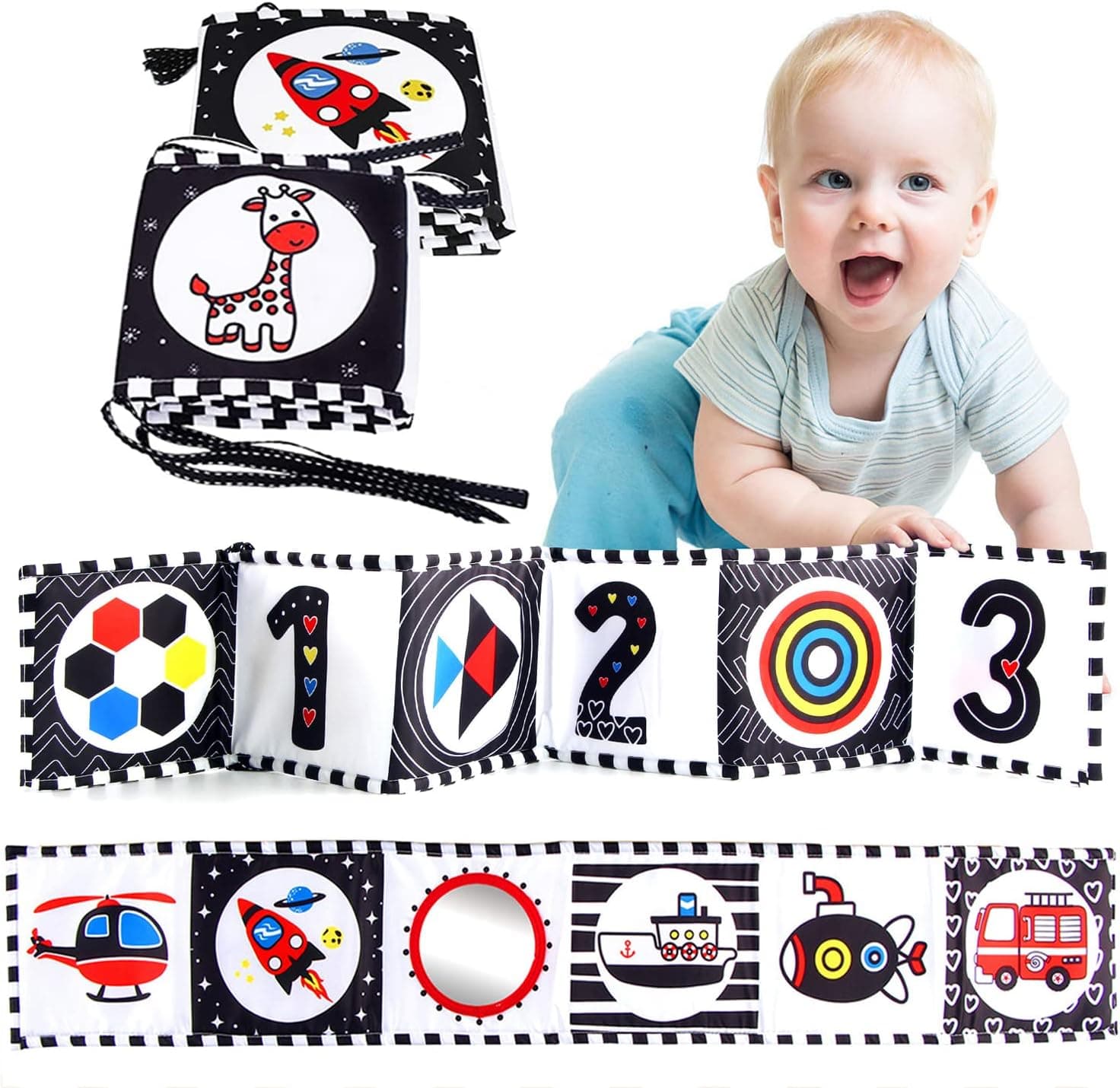 Giforou 2 Packs Black and White High Contrast Baby Soft Cloth Book for Early Education with Mirror,for Infant Visual Sensory Newborn Toy for 0-6-12 + Months Boy Girl,Infant Early Education Toys Gifts