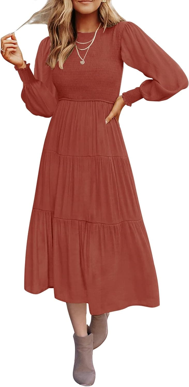 ZESICA Women's 2023 Casual Long Sleeve Crew Neck High Waist Smocked Flowy Tiered Midi Dress
