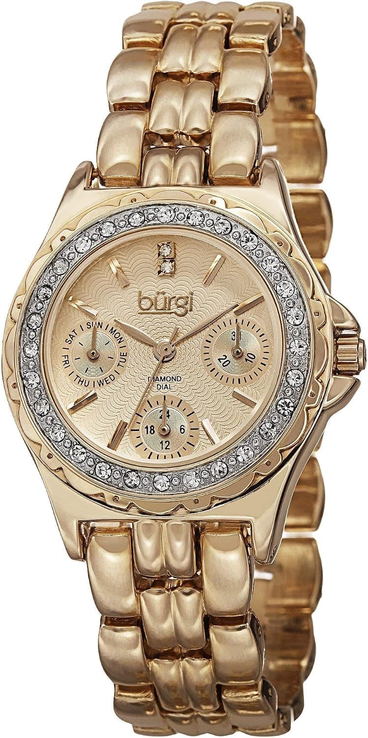 Burgi Women's Diamond & Crystal Multifunction Watch - 3 Small Subdials for Day Date and GMT On Guilloche Dial On Stainless Steel Bracelet - BUR117