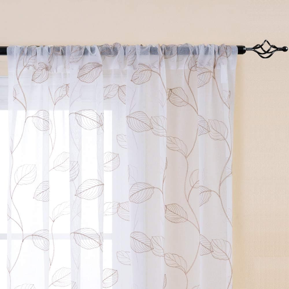 Vangao Embroidered Tier Curtains for Kitchen Grey Leaf Floral Sheer Curtains，Rod Pocket Voile, Set 45" L,Taupe