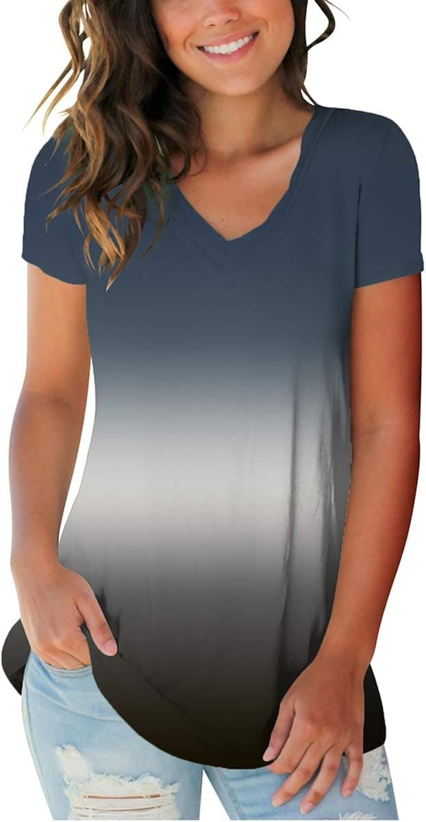Womens Summer Tie Dye Short Sleeve Tops V Neck T Shirts Loose Tunic Tops