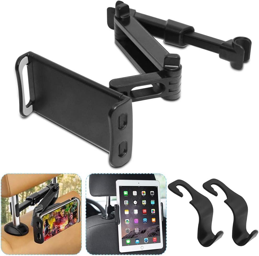 Car Headrest Mount with 2 Hooks, AFUNTA Universal Auto Seat Back Collapsible Phone Holder Stand 360 Degree Rotating Adjustable for All 4-10 Inch Tablet iPad Smartphone – Black