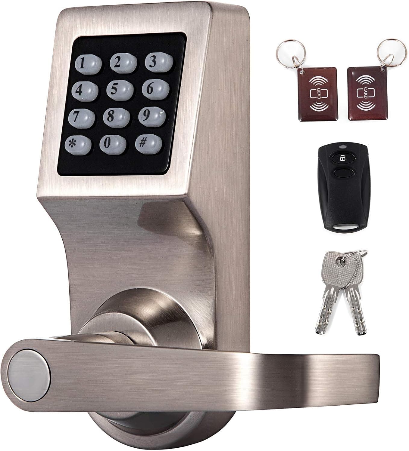 Happybuy 4 in 1 Keyless Digital Door Lock Unlock with Remote Control M1 Card Password and Keys Backlit Keypad Smart Electronic Lock Home Security Entrance Door Lock Right Handle