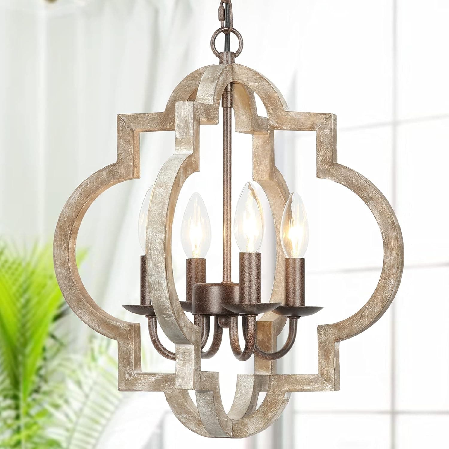 Oriland Orb 4-Light Farmhouse Chandelier, Rustic Chandelier Handmade Wood Ceiling Light Fixture for Dining Room, Kitchen Island, Living Room, Bedroom, Foyer, Entryway, Hallway (Brown)