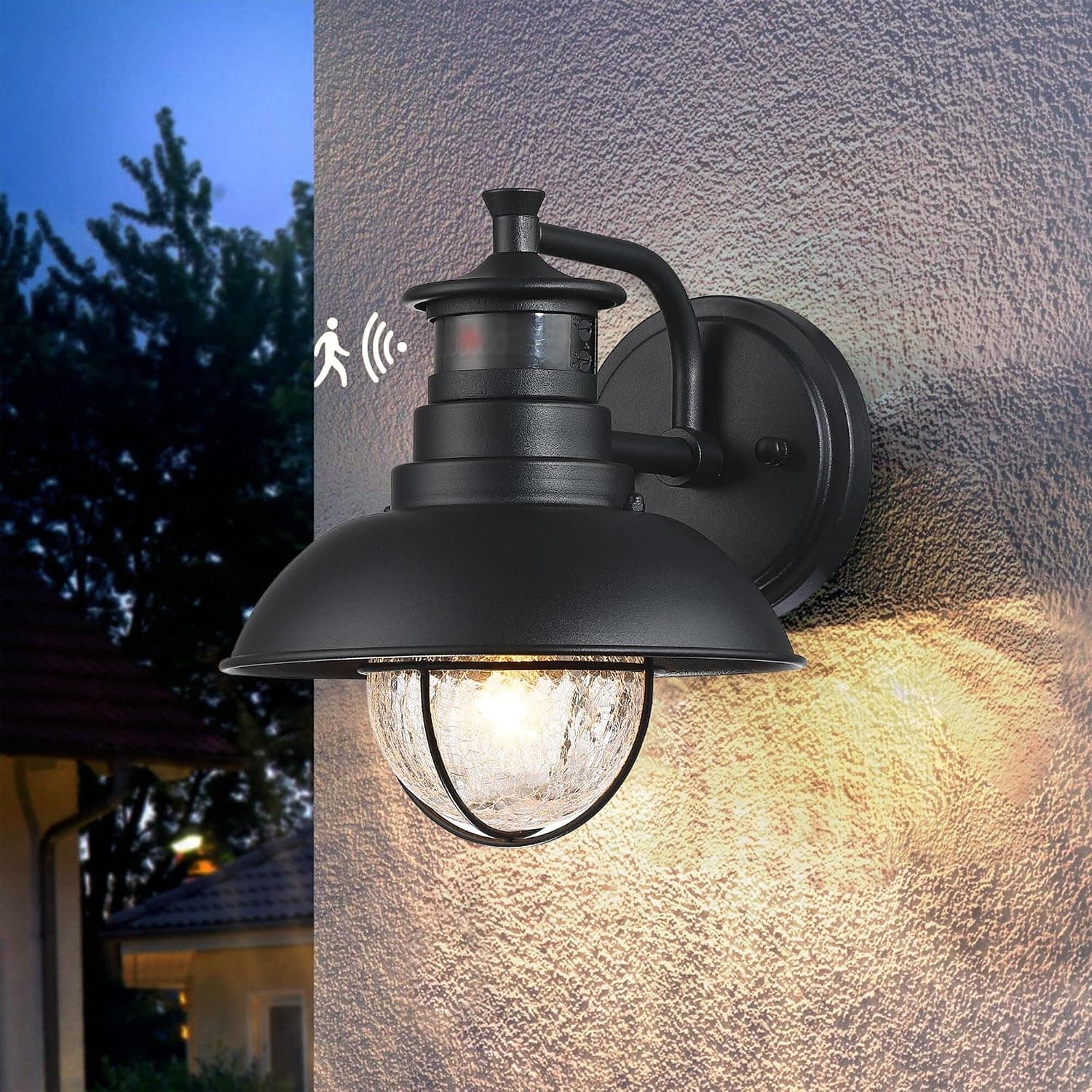 Untrammelife Motion Sensor Wall Sconce Dusk-to-Dawn Outdoor Wall Light Fixtures Wall Mount with Crackle Glass Shade, 1-Light Matte Black Exterior Wall Lantern for Doorway Garage(Bulb Included)