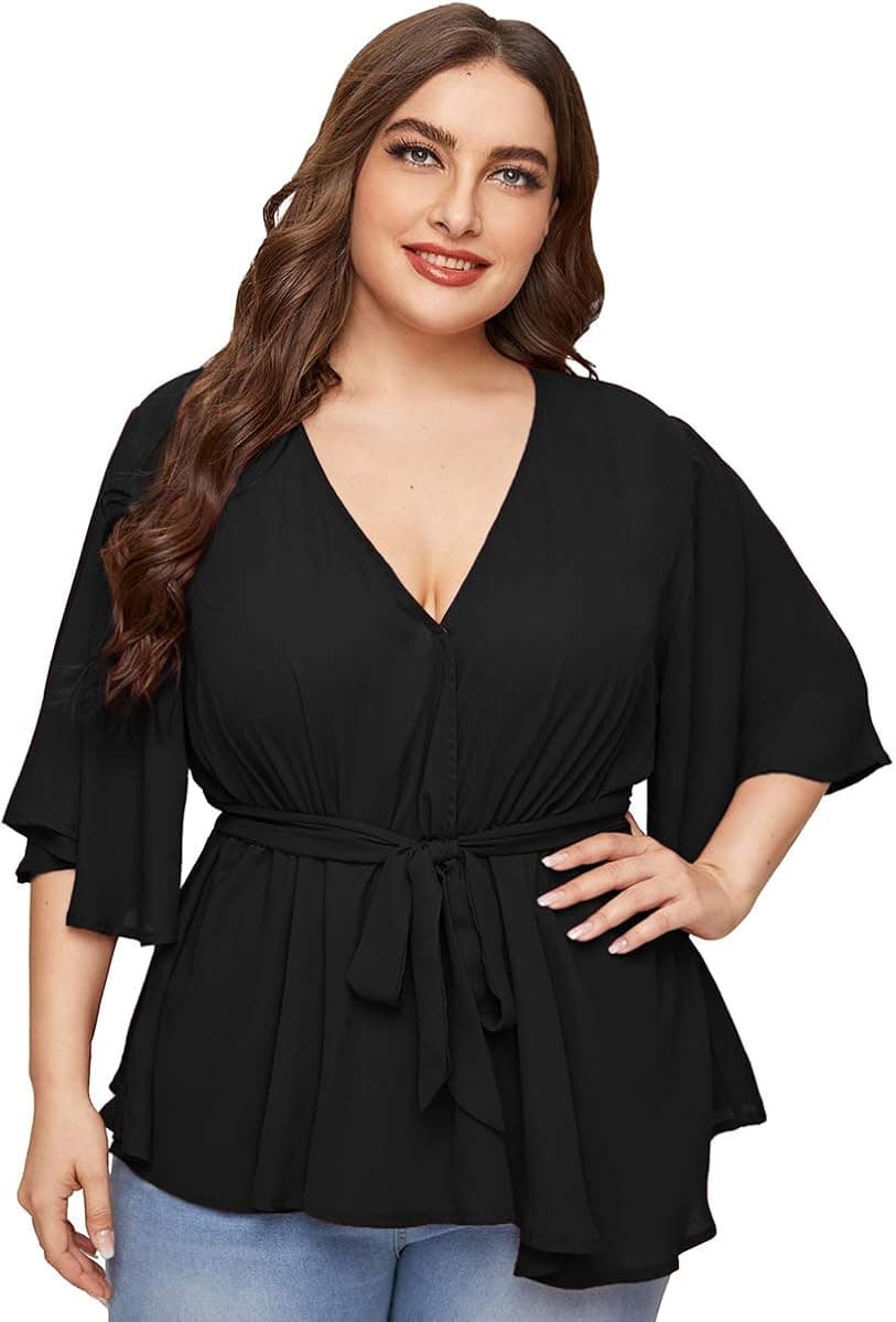 Romwe Women's Plus Size Floral Print Short/Long Sleeve Belt Tie Peplum Wrap Blouse Top Shirts