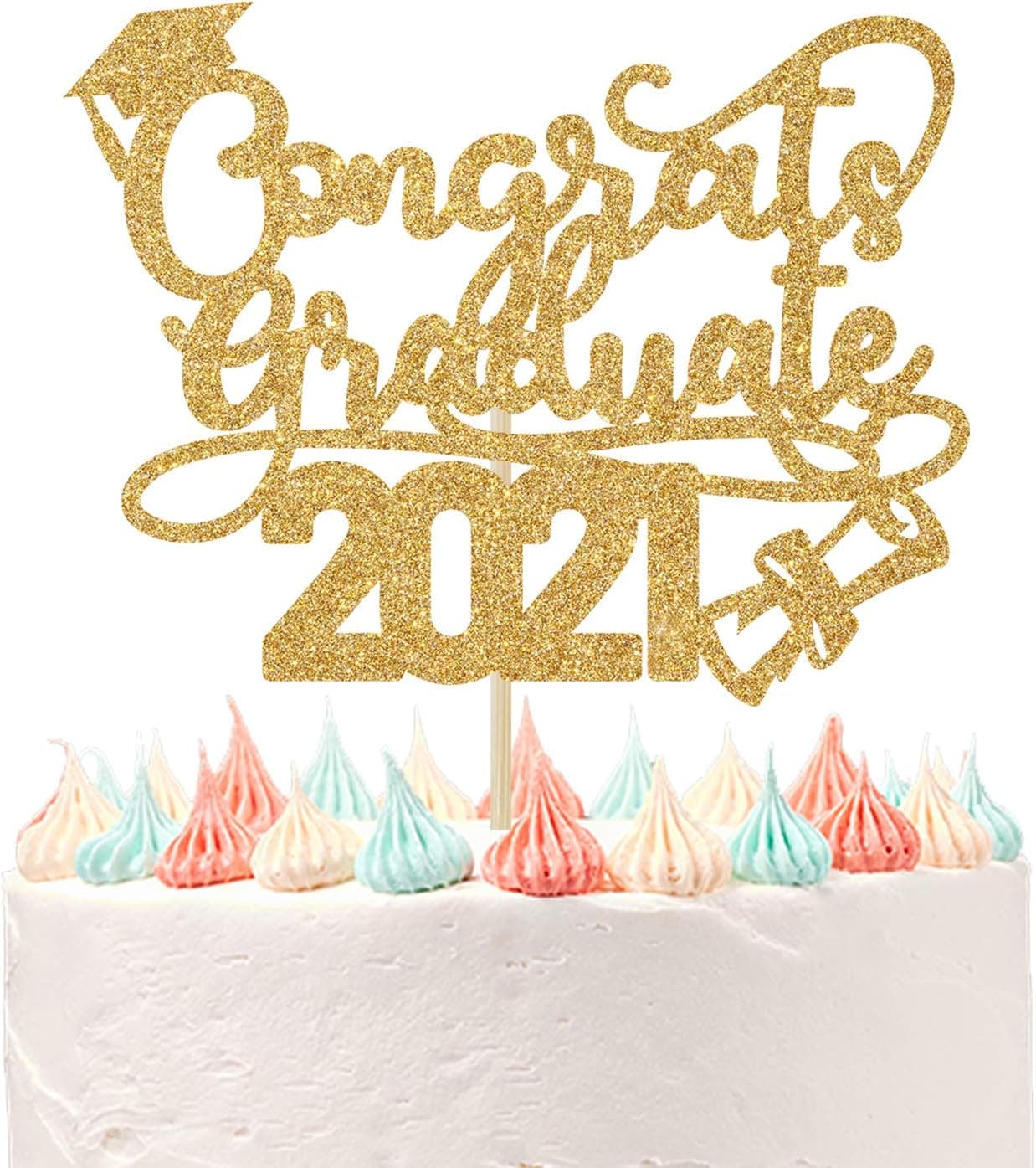 Congrats Graduate 2021 Cake Topper, Congrats Grad 2021,Class of 2021 Graduation Party Decorations Gold Glitter.