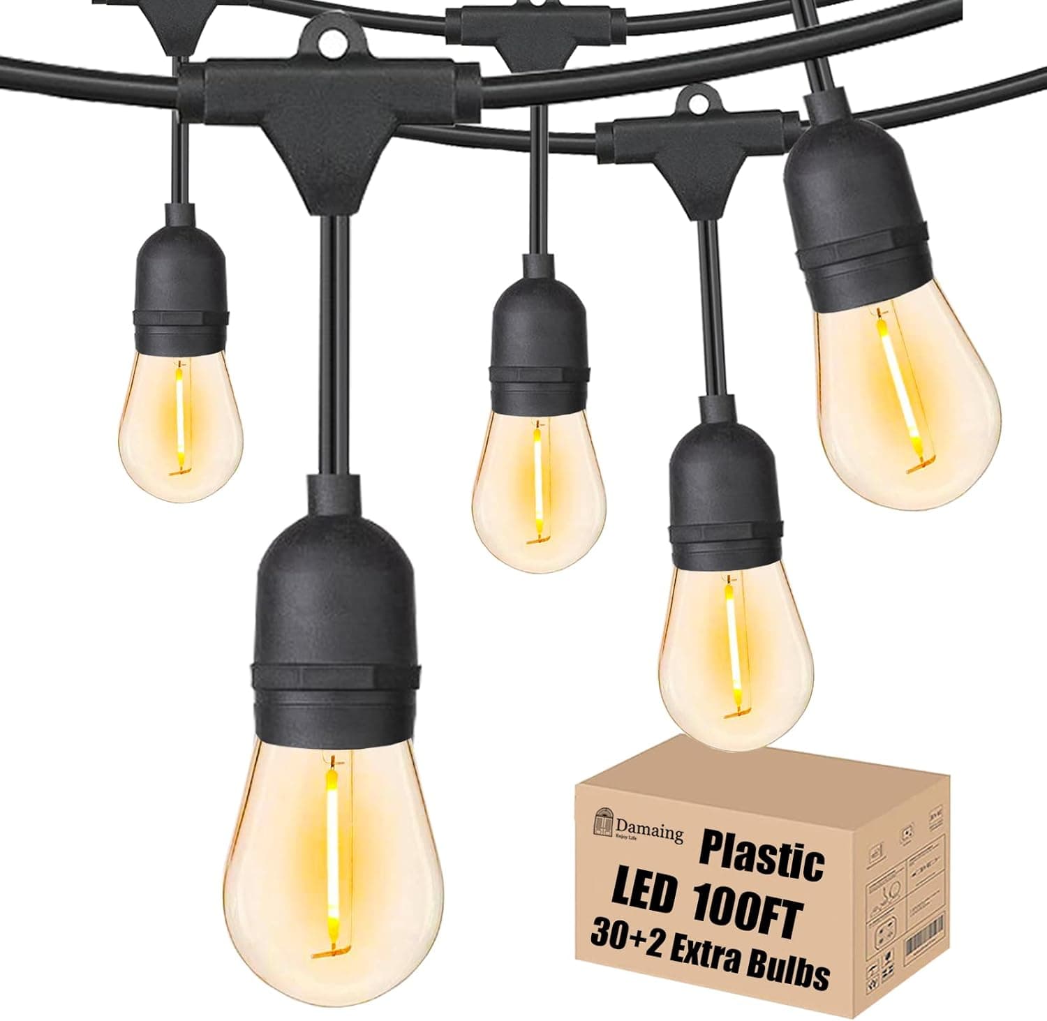 Outdoor String Lights LED 100FT Patio Lights with 32 Shatterproof S14 Dimmable Plastic Vintage Edison Bulbs and Commercial Grade Waterproof Strand Lights String for Porch Market Cafe String Lights