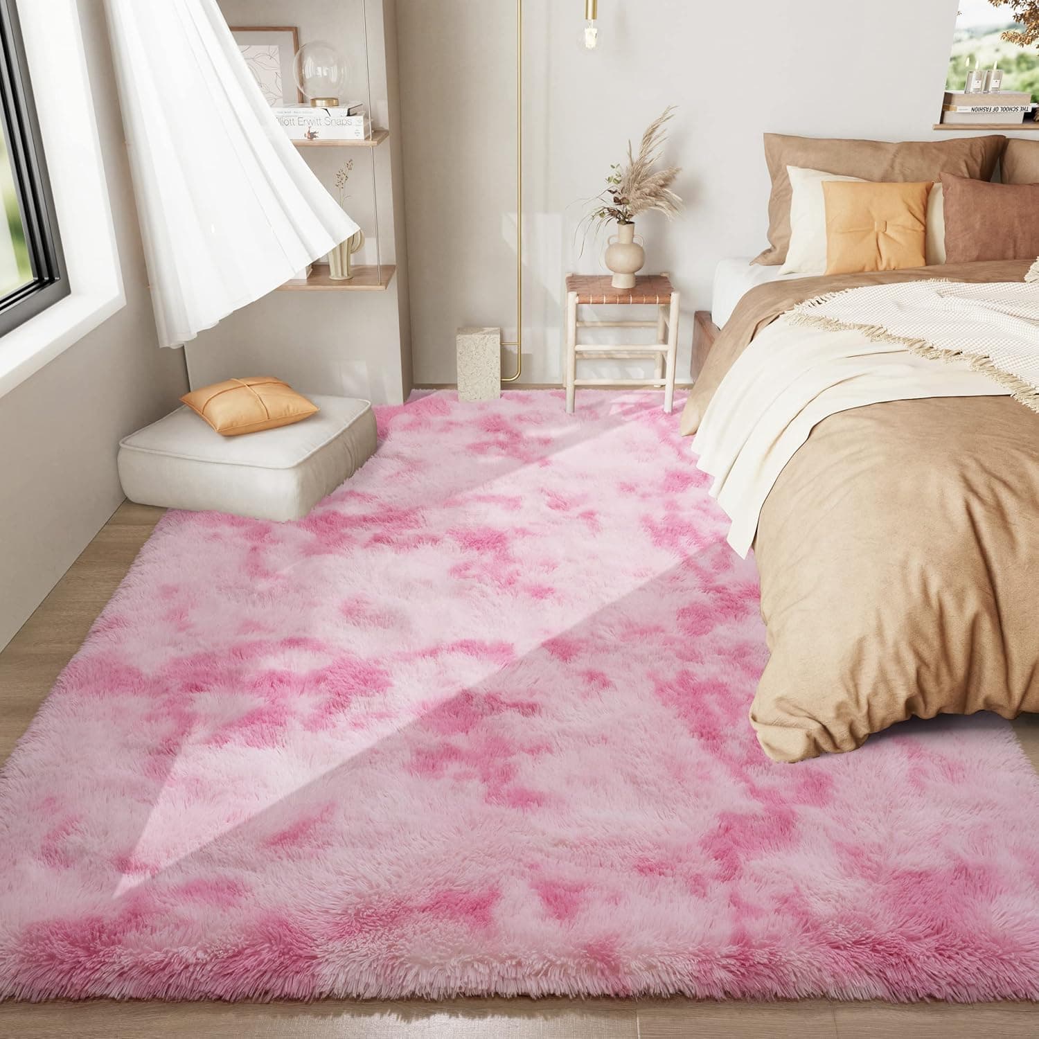 LOCHAS Luxury Shag Rug Fluffy Area Rugs, Cute Soft Rainbow Rug for Girls Bedroom Kids Room, Shaggy Tie-Dye Throw Carpet for Bedside Living Room Home Decor, 5x8 Feet Pink/White