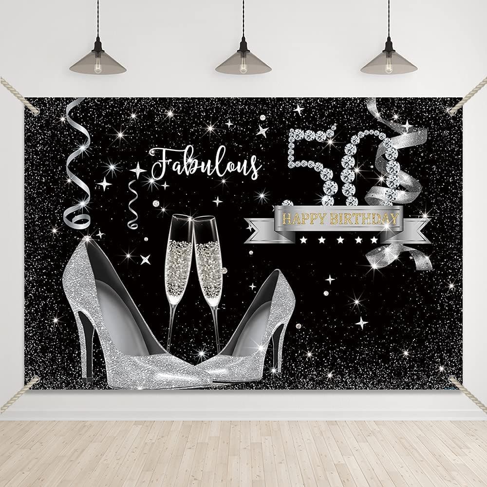 Bellimas High Heel Happy 50th Birthday Backdrop Black and Silver 50 Birthday Party Background Women Girls Bday Cake Smash Glitter Fifty Banner with Copper Grommets