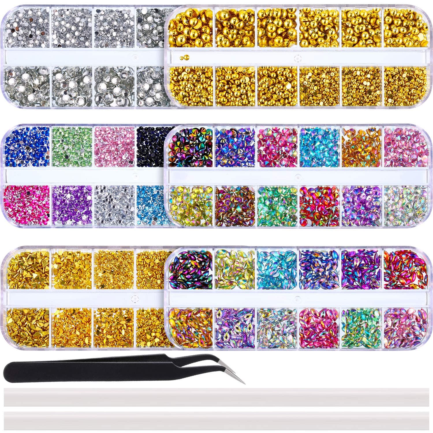 13000 Pieces Nail Rhinestones Kit Nail Rhinestones Nail Studs Half Pearl Horse Eye Rhinestones in 6 Boxes with Pick Up Tweezers and 2 cs Rhinestones Picking Pen for Nail Craft DIY
