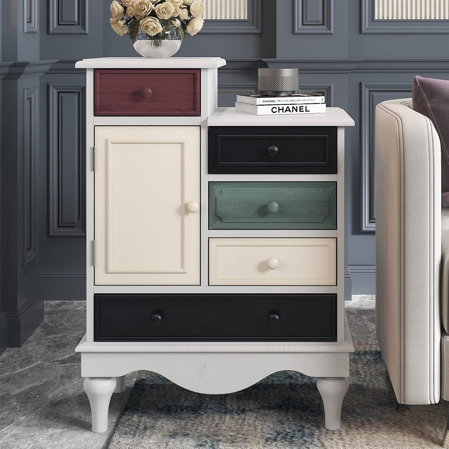 P PURLOVE Retro Functional Nightstand, Classic Vintage Cabinet with 5 Drawers and 1 Storage Cabinet for Home Bedroom, Living Room (White)