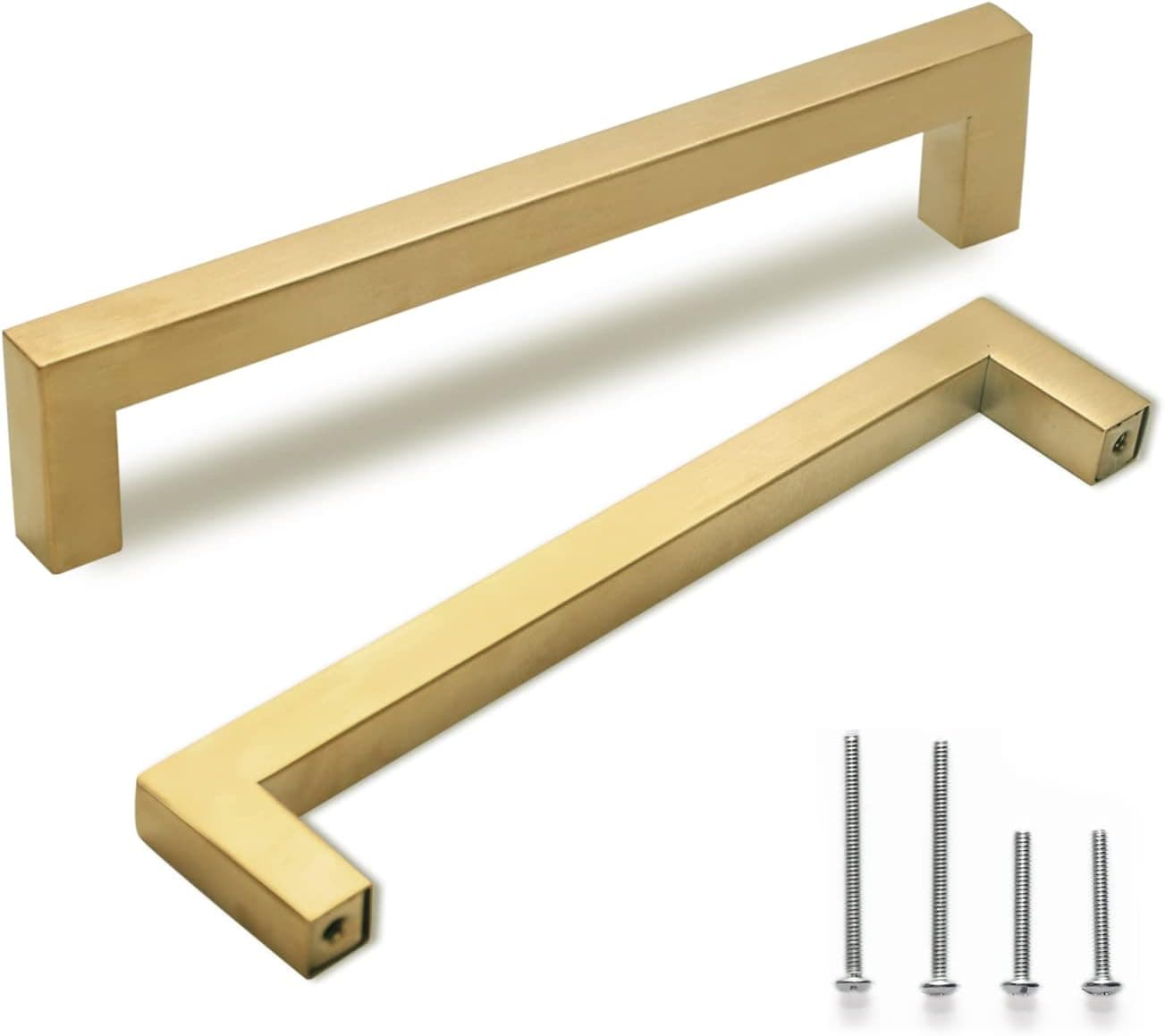 TooCust Brushed Brass Square Drawer Pulls 2 Pack, Modern Gold Cabinet Handles with 8 Inch (204mm) Hole Centers, Kitchen Cabinet Hardware and Dresser Pulls