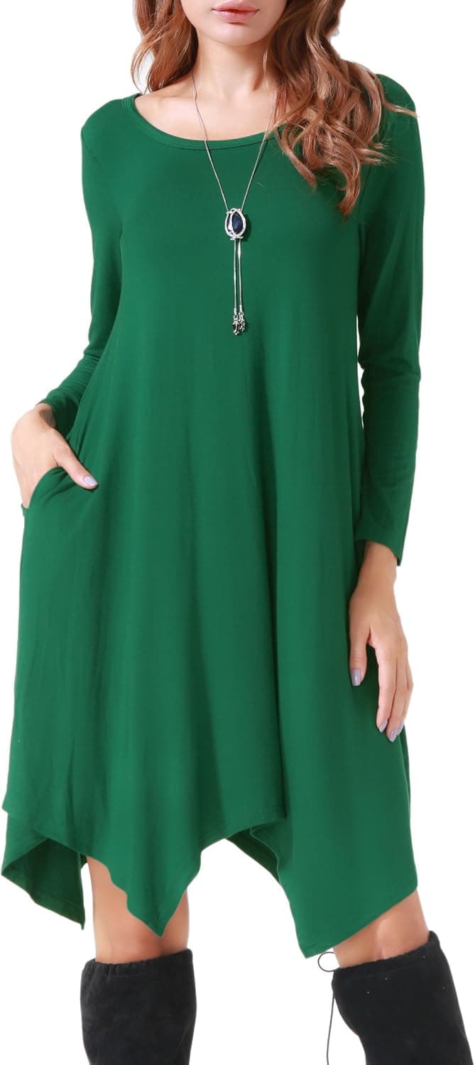 Invug Women Casual Loose Soft Crewneck Long Sleeve Pockets Swing T-Shirt Dress