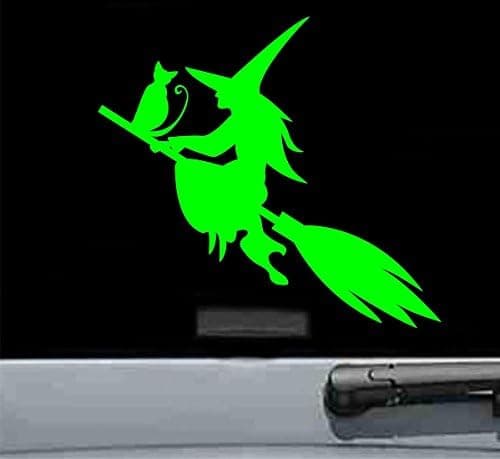 JS Artworks Witch and cat Flying Vinyl Decal Sticker Halloween Broom Decoration (Lime Green)