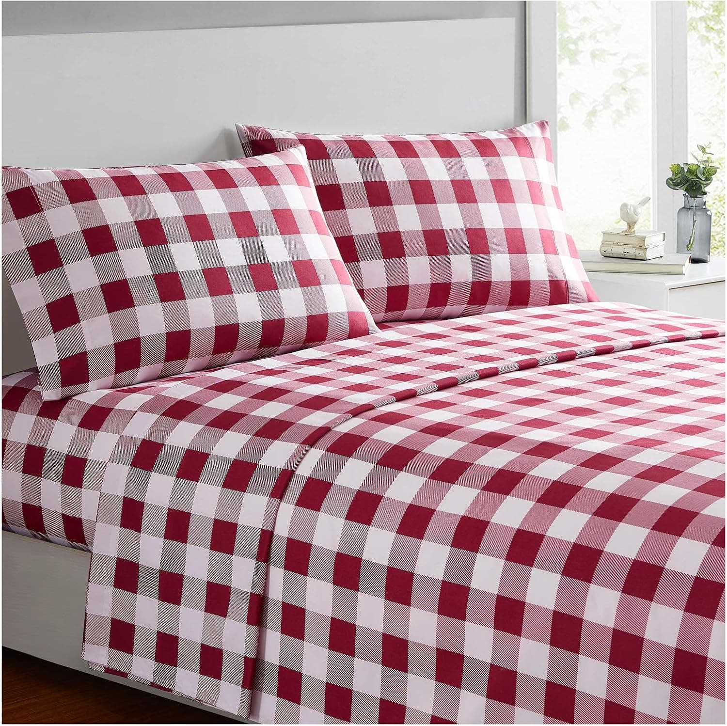 Mellanni Twin Sheet Set - Iconic Collection Bedding Sheets & Pillowcases - Extra Soft, Cooling Bed Sheets - Deep Pocket up to 16" - Wrinkle, Fade, Stain Resistant - 3 PC (Twin, Checkered Burgundy)
