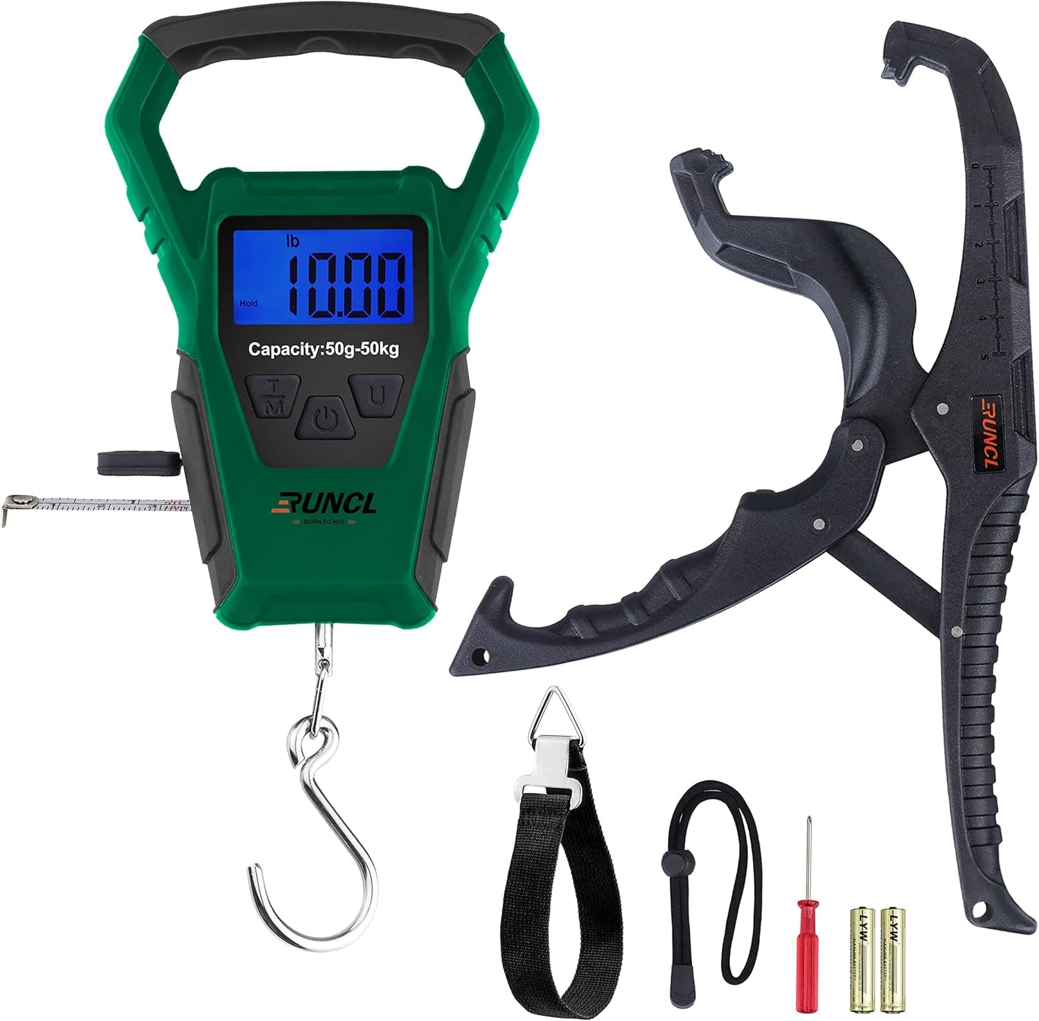 RUNCL Waterproof Fishing Scale with Lip Gripper, Electric Fish Scale with 40 Inch Ruler, LB/OZ/KG Mode, Non-Slip Handle, 110 lb, Memory Storage, Digital Portable Hanging Scale for Luggage