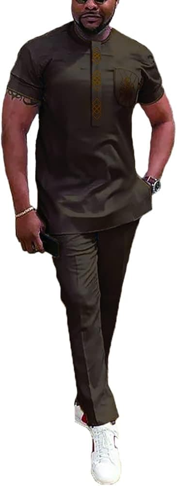 HD African Dashiki Outfit Embroidery Shirt and Pants Short Sleeves Parent-Child Clothes Set for Men