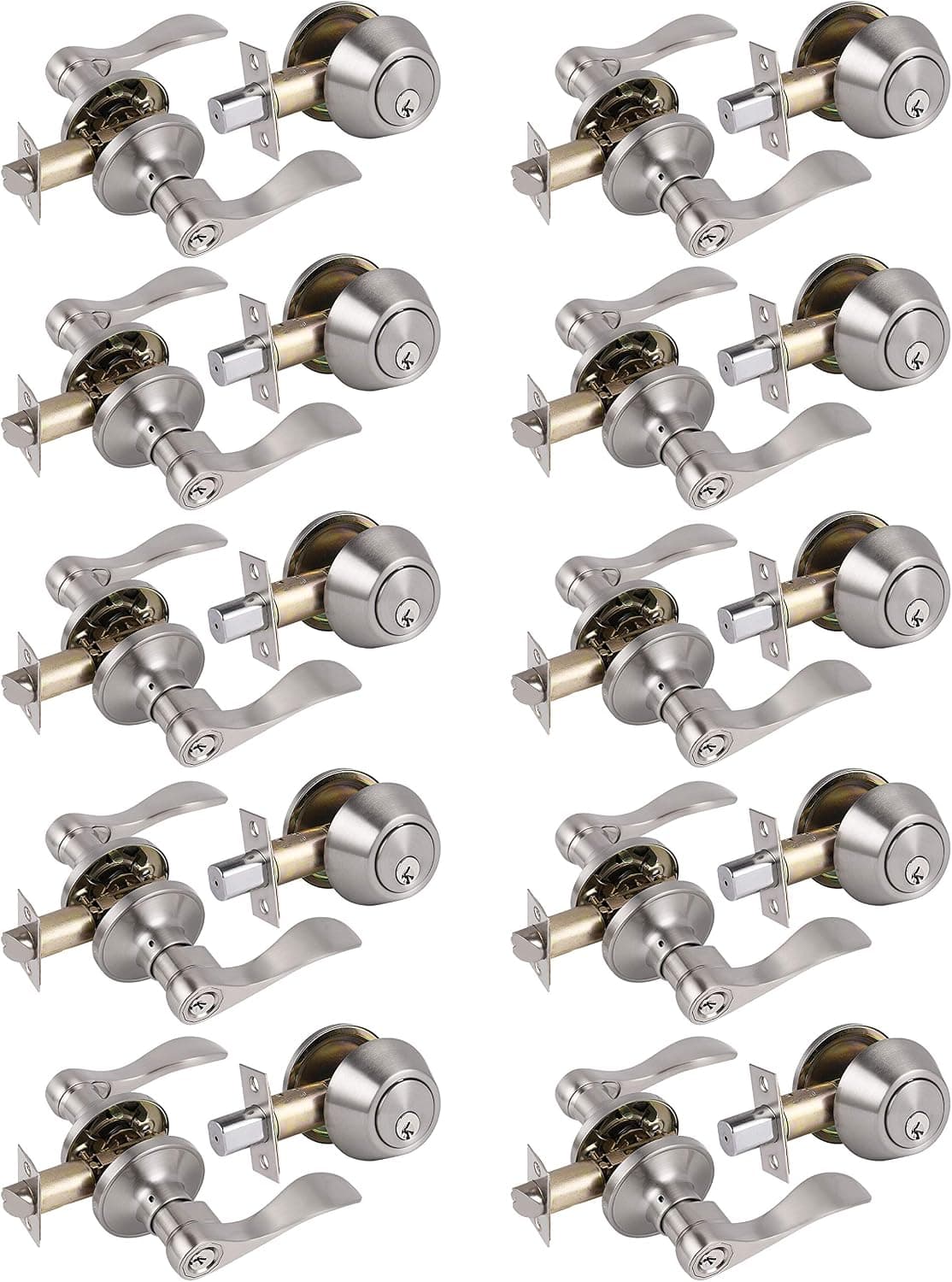 10 Sets-Front Entry Handleset Combination Pack Satin Nickel, Entry Door Lever with Single Cylinder Deadbolts Keyed Alike Combo Pack.Exterior Door Hardware,Modern/Contemporary Style