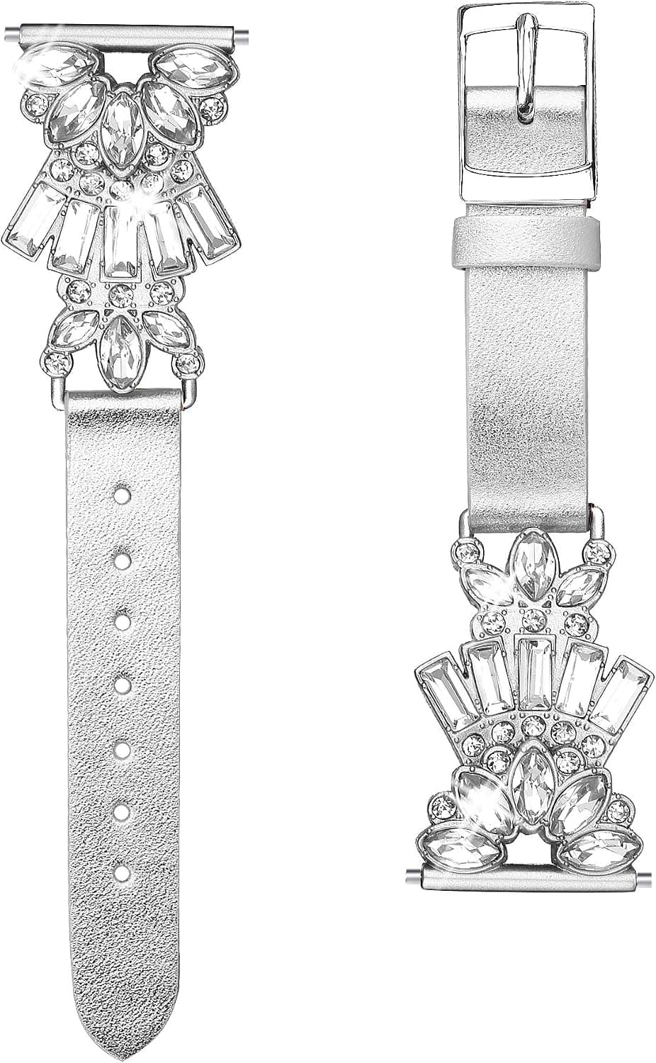 CrocSee Leather Bands with Bling Compatible with Fitbit Versa/Versa 2/Versa Lite/Versa SE, Top Grain Leather Replacement Strap with Diamonds for Women (Small, Silver)
