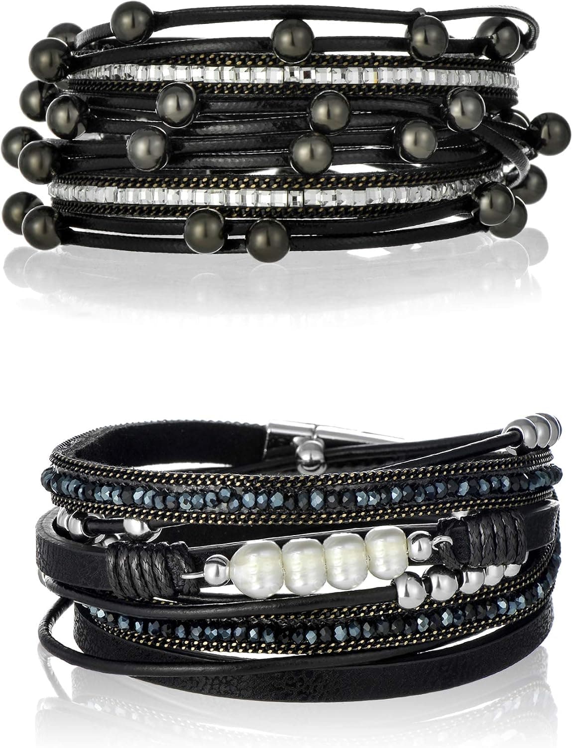 Tornito 1-2 Pcs Multilayer Leather Bracelet Boho Wrap Cuff Bangle for Women Retro Handmade Pearl Beads Charm Bracelets Magnetic Clasp