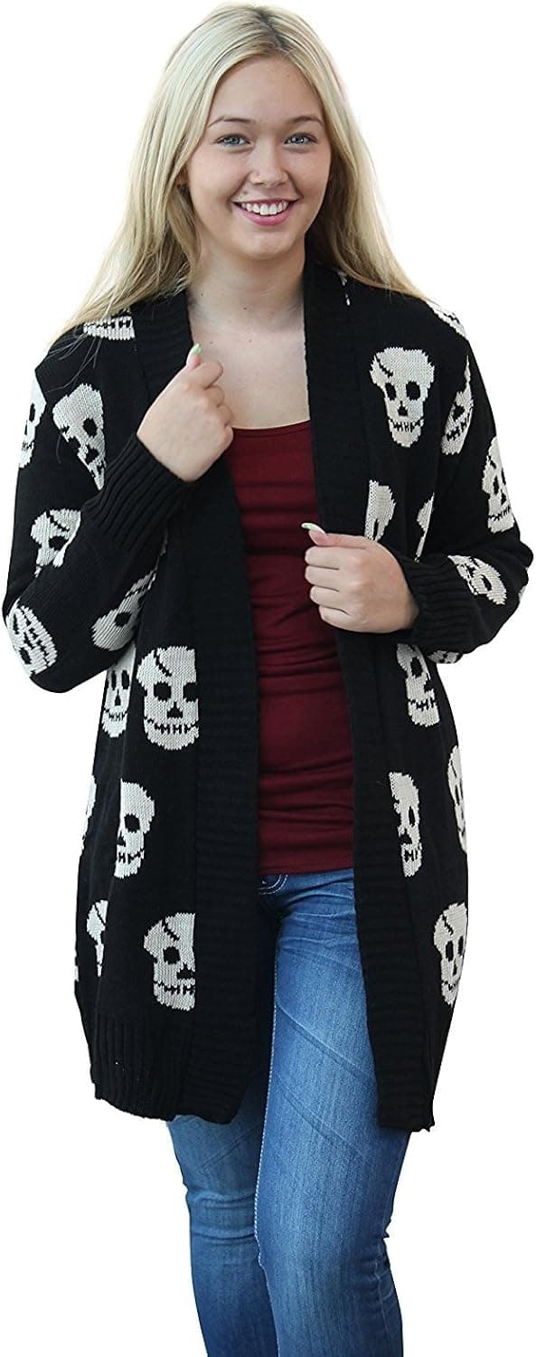 Crazy Girls Women's Skull Print Knitted Open Cardigan