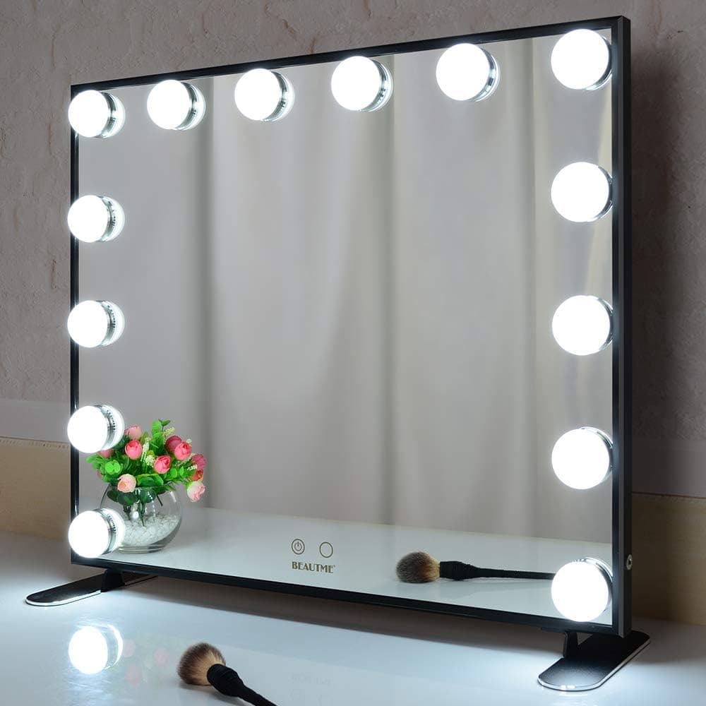 BEAUTME Vanity Mirror with Lights,Black Mirror Lighted Makeup Mirror with 14 Dimmer Bulbs,Large Tabletop or Wall Mounted Mirror with Lights Big Mirror (Black,60x51cm)