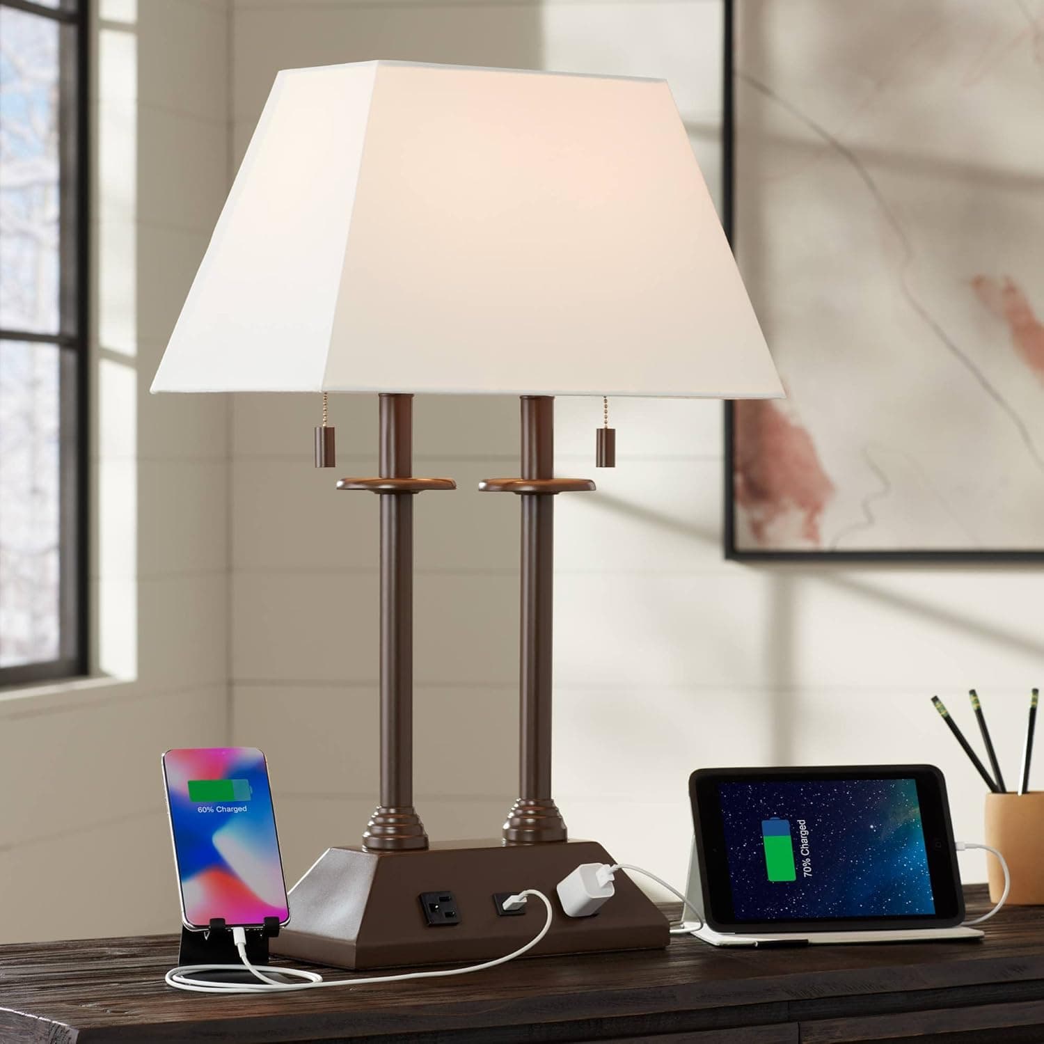 Regency Hill Charlton Traditional Desk Table Lamp with Hotel Style USB and AC Power Outlet in Base 26" High Bronze Rectangular Fabric Shade for Living Room Bedroom House Bedside Nightstand