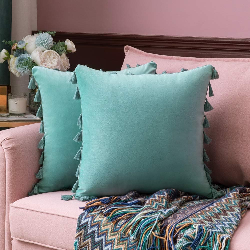 MIULEE Pack of 2 Velvet Soft Solid Decorative Throw Pillow Cover with Tassels Fringe Boho Accent Cushion Case for Couch Sofa Bed 18 x 18 Inch Aqua Green