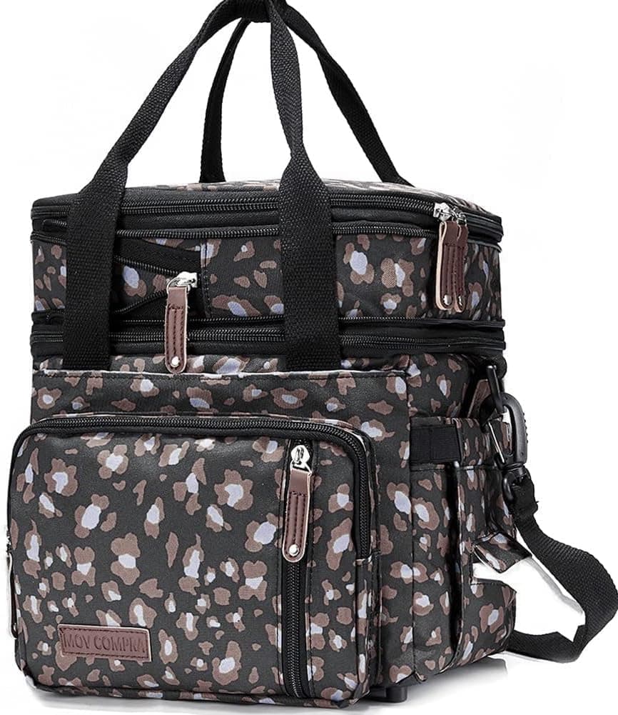 MOV COMPRA Leopard Lunch Bags for Women,Expandable Large Lunch Box,Leakproof Double Deck Lunch Box Cooler Tote Bag with Removable Shoulder Strap