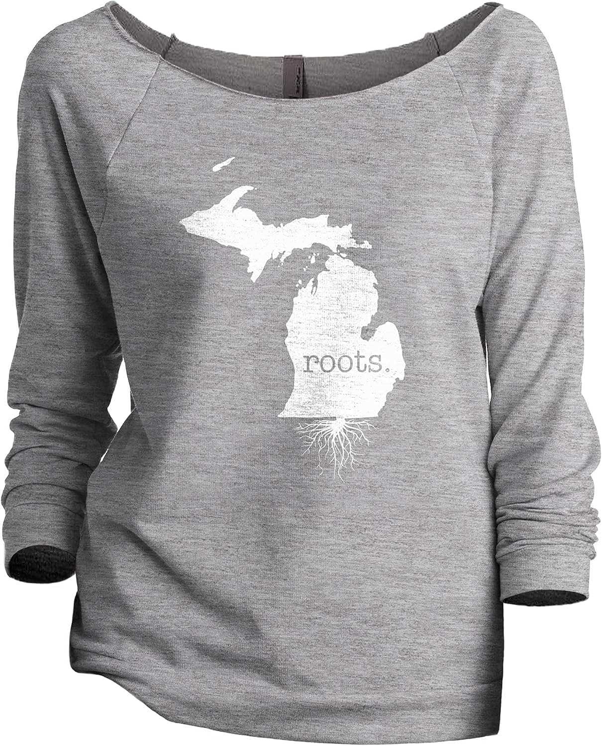 Thread Tank Home Roots State Michigan MI Women's Slouchy 3/4 Sleeves Raglan Sweatshirt Sport Grey Small