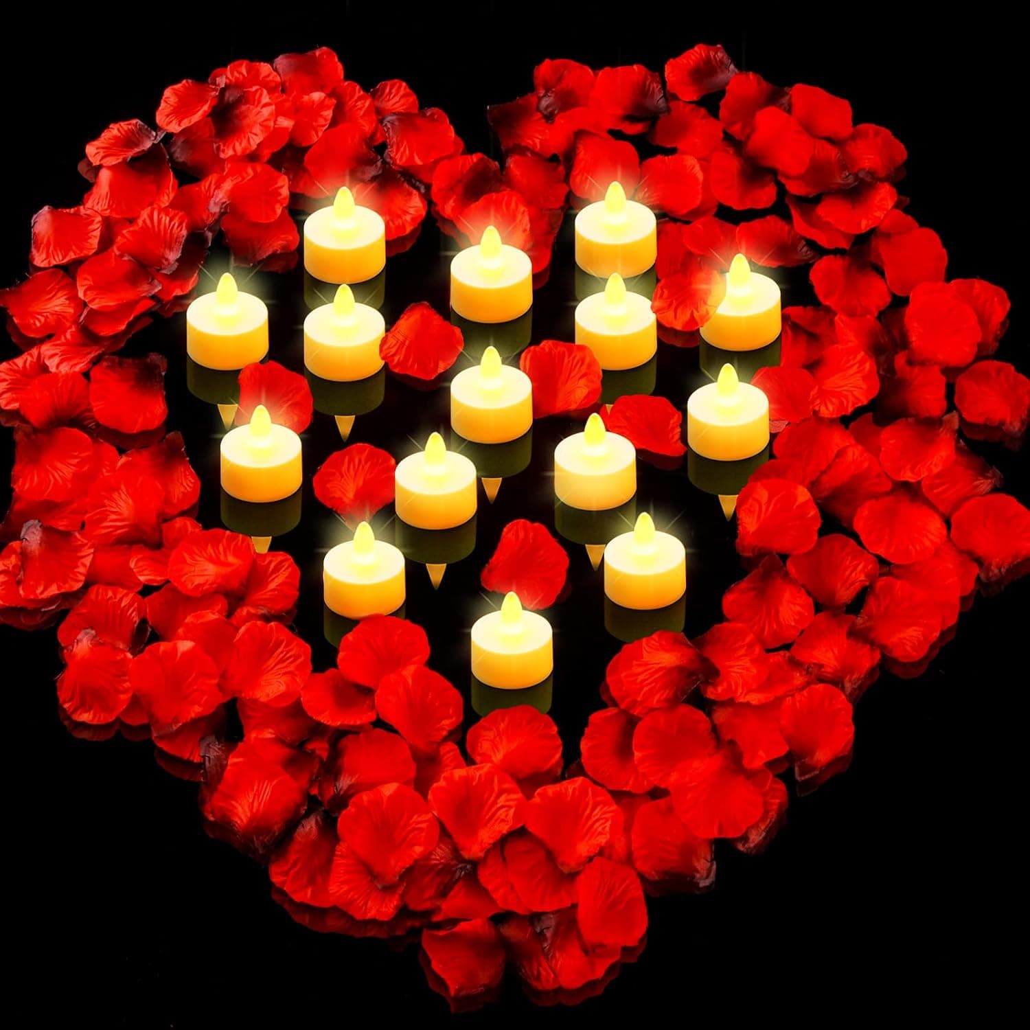 Mudder 24 LED Candles Battery Flameless Flickering Tealight Candle and 2200 Piece Silk Rose Petals, Artificial Fake Rose Petals for Christmas Valentine's Day Anniversary Wedding (Red Petals)