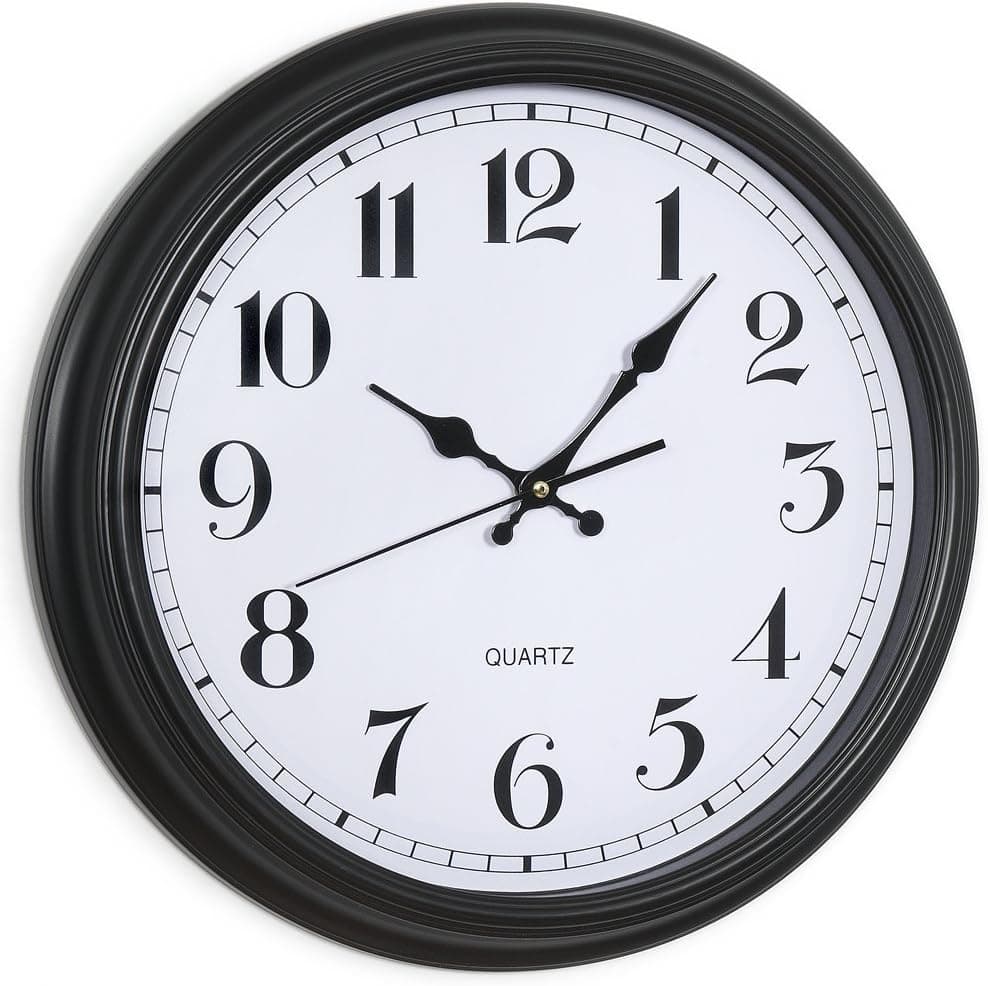 FHE Group Classic 16-Inch Wall Clock, Black Frame, White Dial