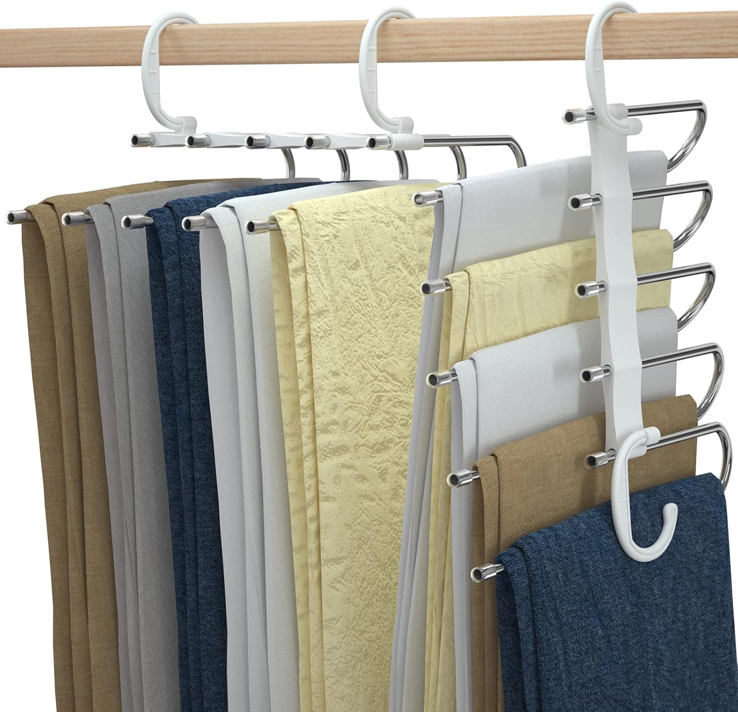 Nijoam Pants Hangers Space Saving, Metal Wardrobe Closet Organizer Stainless Non-Slip 5 Layered Rack for Slacks Scarf Jeans Clothes Trousers Scarves Ties (White,2 Pcs)