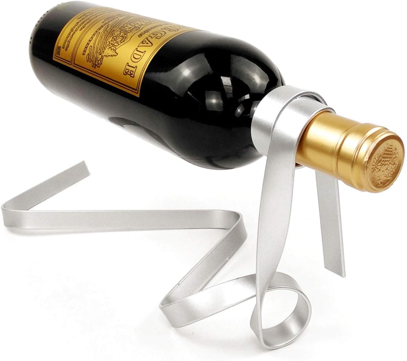 Magic Floating Wine Bottle Holder Anti Gravity Suspension Wine Rack Iron Ribbon Holder for Single Bottle Tabletop Wine Display Rack (Silver, 35.5cm*15cm*16.5cm)