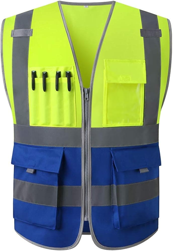 Spardwear Hi Vis Safety Vest With Pockets And Zipper for Mens Reflective Fluorescent Yellow and Blue