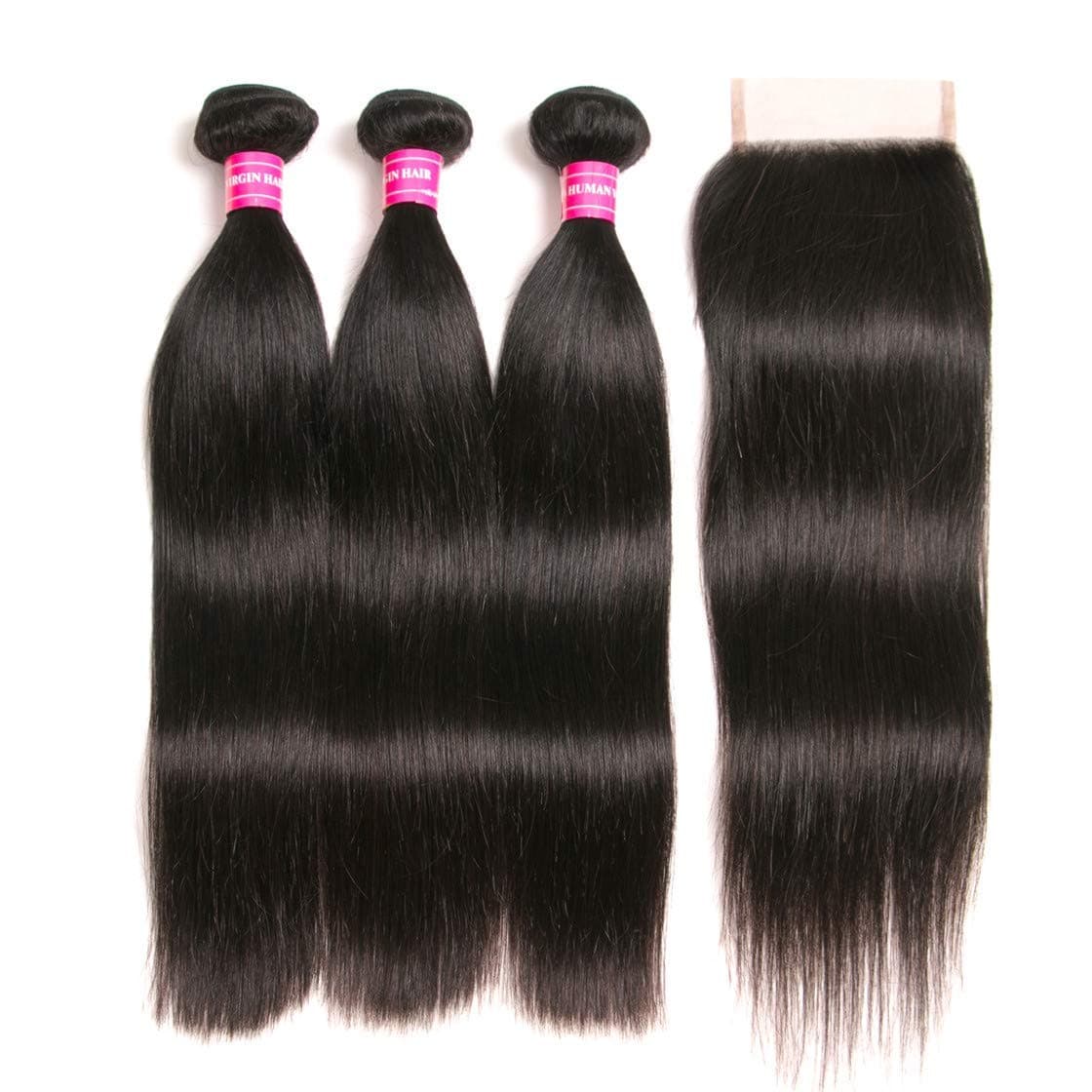 Brazilian Straight Hair With Closure 3 Bundles Unprocessed Virgin Human Hair Bundles With Lace Closure Free Part Hair Extensions Natural Color（16 18 20+14）