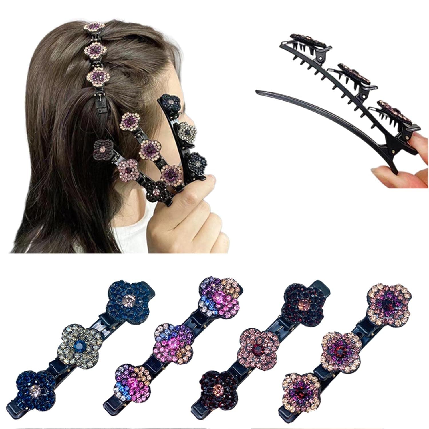 Satin Fabric Hair Bands, Four-Leaf Clover Hairpin Duckbill Clip, Hair Sectioning Clips, Sparkling Crystal Stone Braided Hair Clips, for Women Hair Styling (4PCS)
