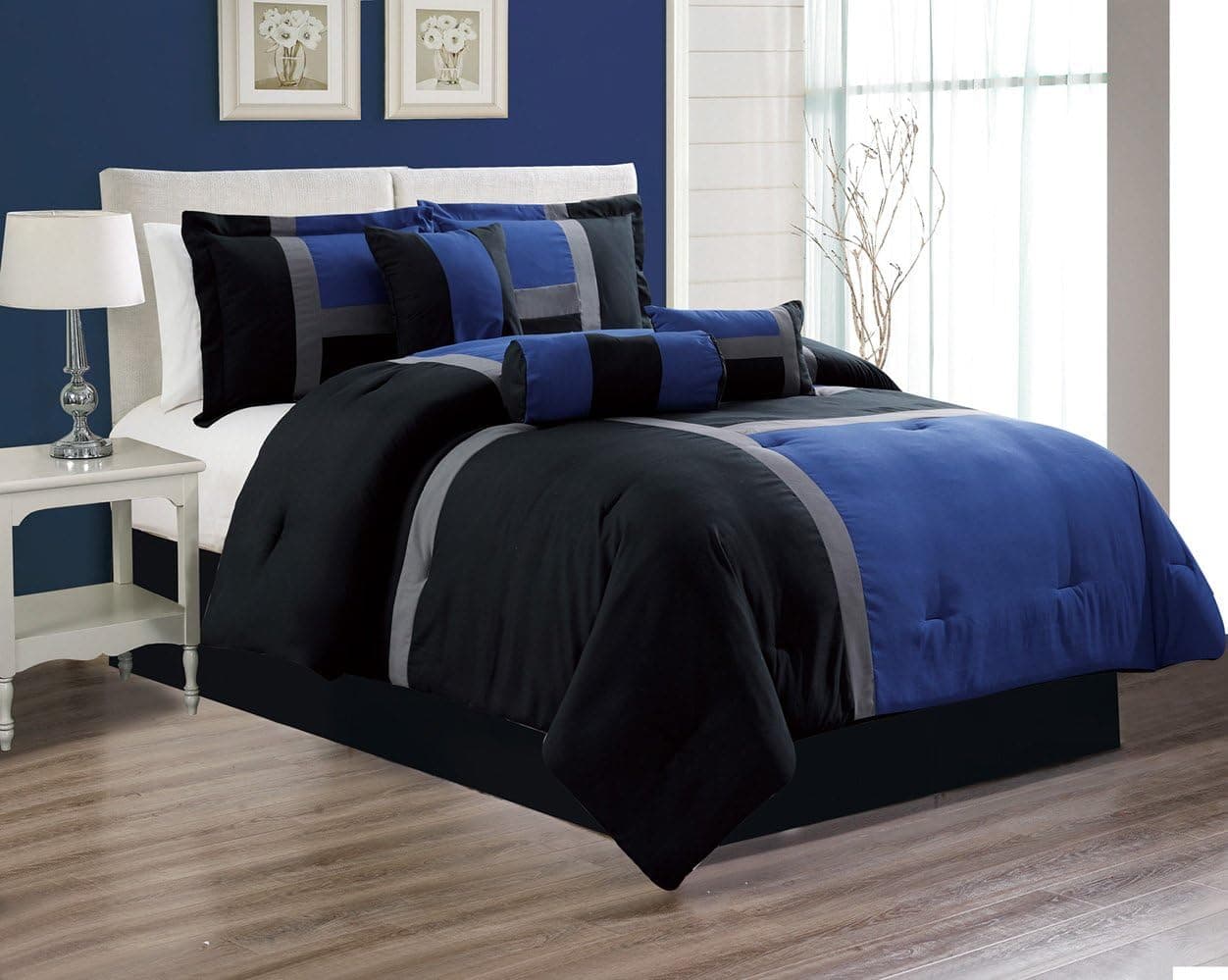 Grand Linen 7 Piece Oversize Navy Blue/Black Patchwork All-Season Comforter Set 106" X 94" California King Size Microfiber Emma Bedding